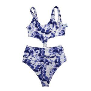2 Piece Tie Dye Swimsuit High Waisted Bottoms Cutout Top Blue White Size Small